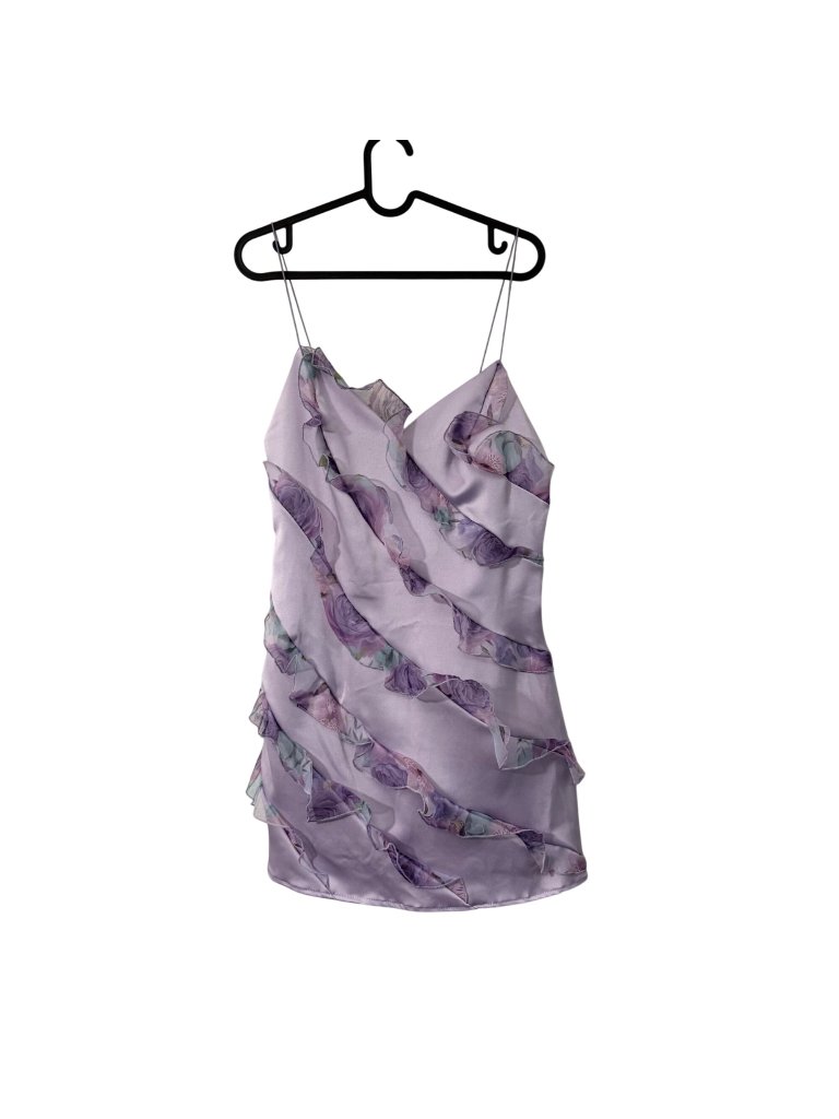 New Menti Green Purple Floral Organza Ruffle Satin Mini Dress Womens Medium